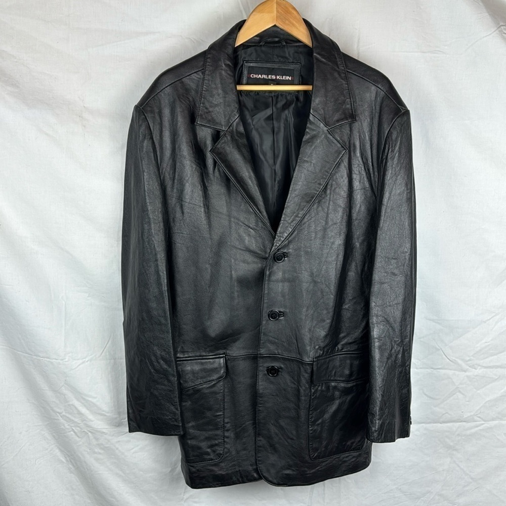 Vintage Charles Klein men’s leather button 3/4 jacket oversized blazer black